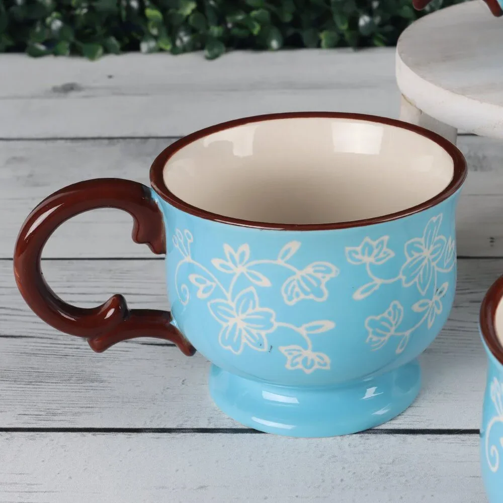 Tempt-ations Floral Lace Light Blue 10 oz Footed Tea Cups Set of 4 Rare Find!